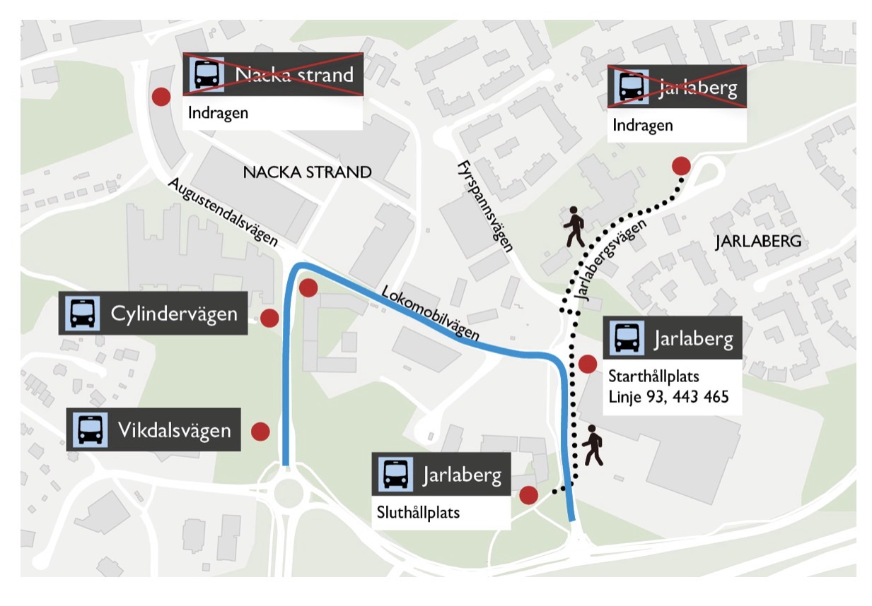 Tillfällig flytt av busshållplatsen i Jarlaberg
